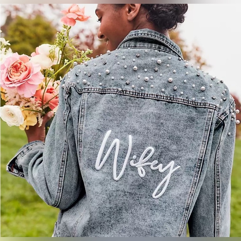 David’s bridal Pearl:Rhinestone Studded Denim Jacket with 'Wifey' on Back.